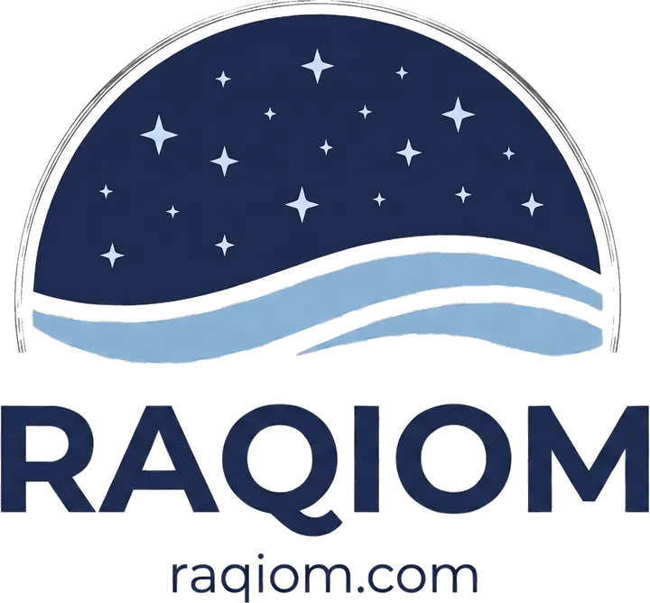 The RAQIOM logo — a starry night-sky dome over flowing water